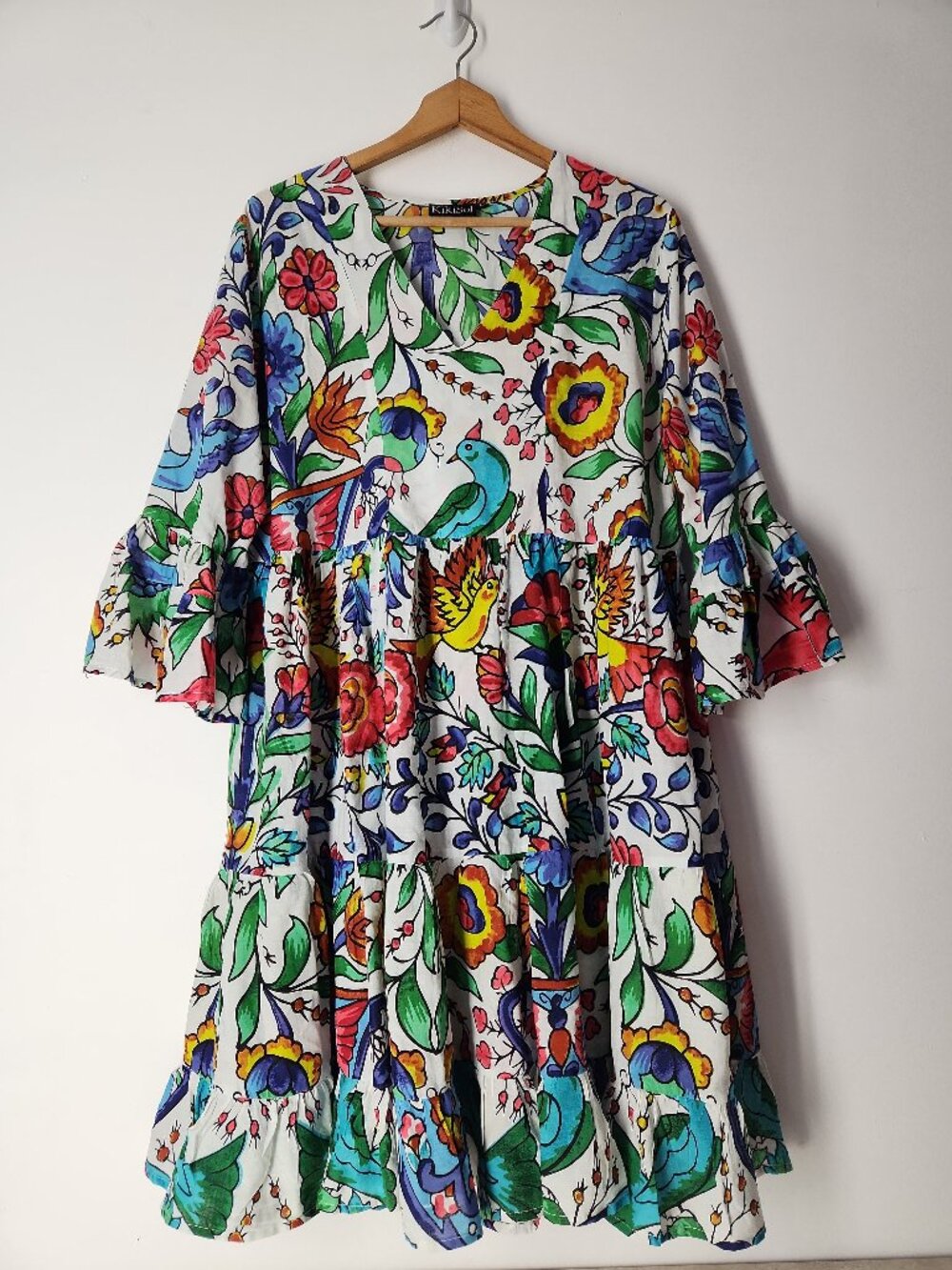 KikiSol whimsical tiered lightweight cotton midi Dress size L floral birds art